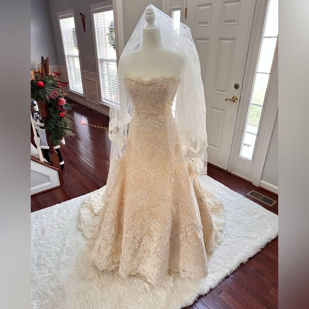 Vera Wang Silk Nathalie Strapless 3D Hand Embroidered Wedding Dress Size 6
